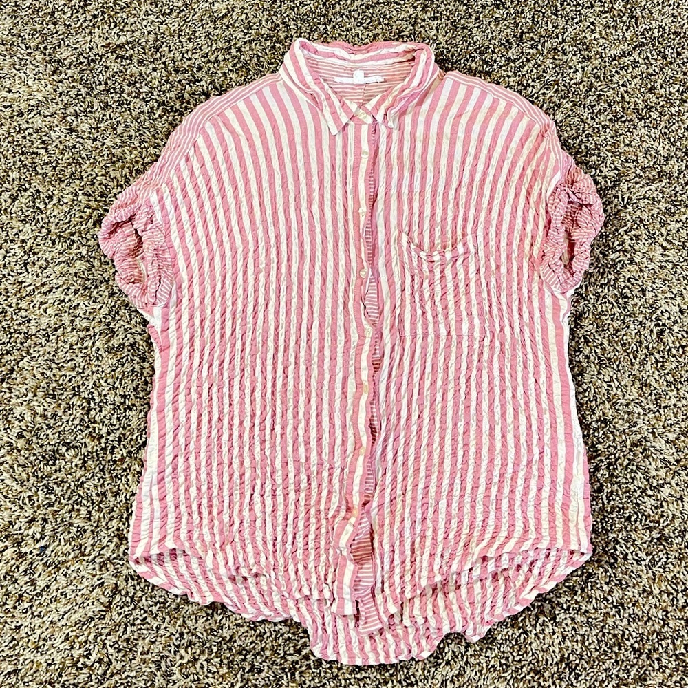 Jane and Delancey Pink White Striped Button Up‎ Shirt Relaxed Crinkle Top Size L